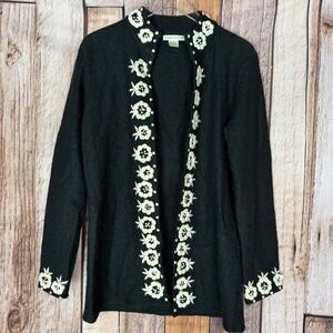 Cambridge Dry Goods Cardigan Embroidered Wool Floral Black Boho Classic Medium